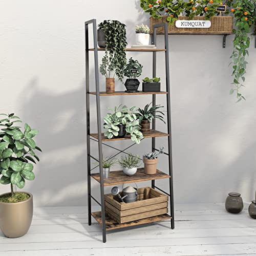 Yusong Bookshelf, Ladder Shelf 5-Tier Bookcase for Bedroom, Industrial Book Shelves Storage Rack with Metal Frame for Home Office, Rustic Brown