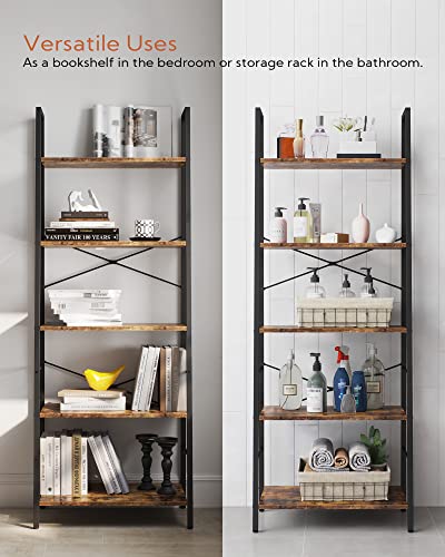 Yusong Bookshelf, Ladder Shelf 5-Tier Bookcase for Bedroom, Industrial Book Shelves Storage Rack with Metal Frame for Home Office, Rustic Brown