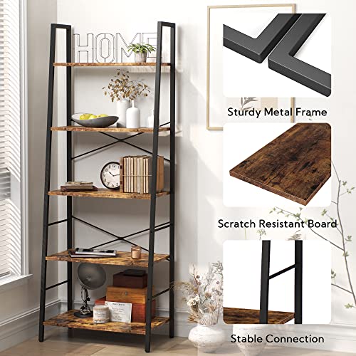 Yusong Bookshelf, Ladder Shelf 5-Tier Bookcase for Bedroom, Industrial Book Shelves Storage Rack with Metal Frame for Home Office, Rustic Brown