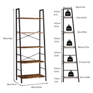 Yusong Bookshelf, Ladder Shelf 5-Tier Bookcase for Bedroom, Industrial Book Shelves Storage Rack with Metal Frame for Home Office, Rustic Brown