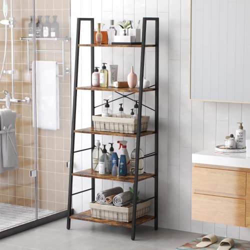 Yusong Bookshelf, Ladder Shelf 5-Tier Bookcase for Bedroom, Industrial Book Shelves Storage Rack with Metal Frame for Home Office, Rustic Brown