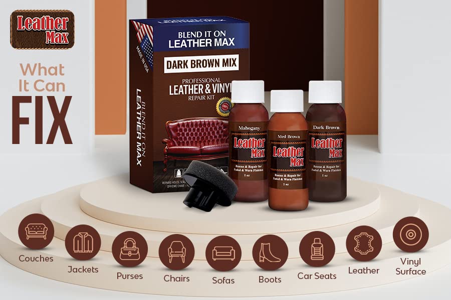 Leather Max Quick Blend Refinish and Repair Kit, Restore, Recolor & Repair / 3 Color Shades to Blend with/Leather Vinyl Bonded (Dark Brown Mix)