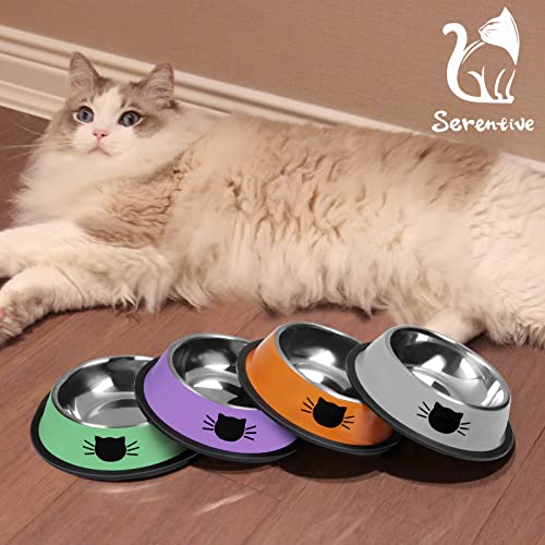 Serentive 2Pcs Cat Bowls Non-Slip Stainless Steel Small Cat Food Bowls Unbreakable Thicken Cat Feeder 7 Oz Cat Dishes Suitable for Indoor Small Pets Removable Rubber Base Easily Clean Lovely Color