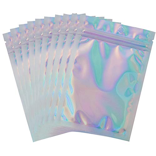 50Pack Holographic Foil Pouch Bag Flat Ziplock Bag Resealable Smell Proof Bags Aluminum Foil Bags Rainbow Mylar Bags for Lip Gloss Bath Salt Food Storage Party Favor (4 x 6 Inches)