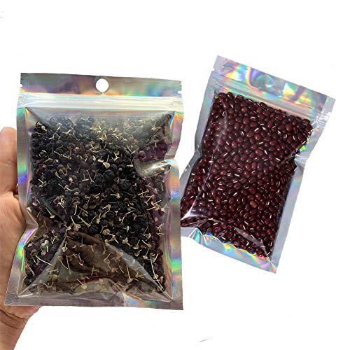 50Pack Holographic Foil Pouch Bag Flat Ziplock Bag Resealable Smell Proof Bags Aluminum Foil Bags Rainbow Mylar Bags for Lip Gloss Bath Salt Food Storage Party Favor (4 x 6 Inches)