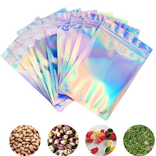 50Pack Holographic Foil Pouch Bag Flat Ziplock Bag Resealable Smell Proof Bags Aluminum Foil Bags Rainbow Mylar Bags for Lip Gloss Bath Salt Food Storage Party Favor (4 x 6 Inches)