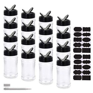 16 pack 7oz clear plastic spice jars,storage container bottle containers with black cap,perfect for storing spice,herbs and powders,provide chalkboard labels and chalk marker