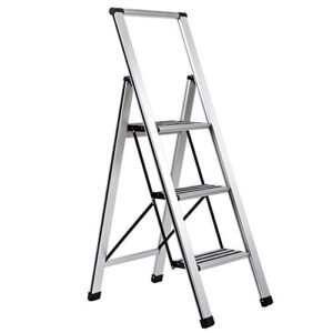 birdrock home 3-step slim aluminum step ladder - sturdy thin folding stool - 3 anti-slip steps - wide platform - great for your kitchen, pantry, closets, or home office - indoor stool - silver