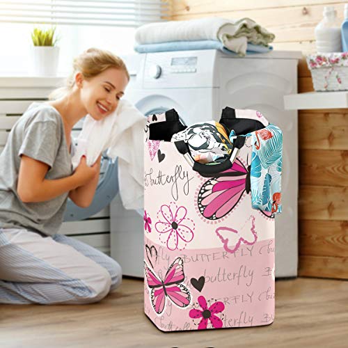 ALAZA Large Laundry Basket Pink Butterfly Laundry Bag Hamper Collapsible Oxford Cloth Stylish Home Storage Bin with Handles, 22.7 Inch