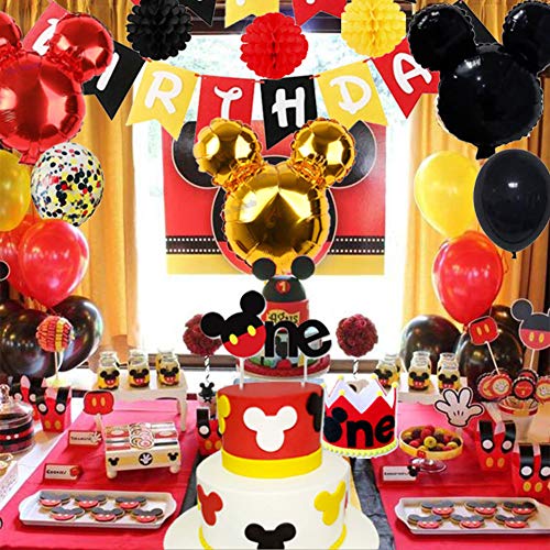 Mickey Mouse Party Supplies - Boys 1st Birthday Party Supplies Pack, Includes a Mickey Themed Birthday Banner, a Hand Made High Chair Banner, a Birthday Cake Topper, 15 Latex Balloons, 5 Confetti Baloons, 6 Tissue Balls, a Hand Made Cronw, a Welcome Sign,