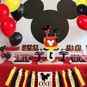 Mickey Mouse Party Supplies - Boys 1st Birthday Party Supplies Pack, Includes a Mickey Themed Birthday Banner, a Hand Made High Chair Banner, a Birthday Cake Topper, 15 Latex Balloons, 5 Confetti Baloons, 6 Tissue Balls, a Hand Made Cronw, a Welcome Sign,