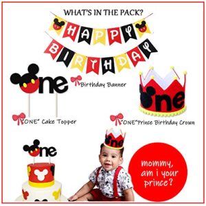 Mickey Mouse Party Supplies - Boys 1st Birthday Party Supplies Pack, Includes a Mickey Themed Birthday Banner, a Hand Made High Chair Banner, a Birthday Cake Topper, 15 Latex Balloons, 5 Confetti Baloons, 6 Tissue Balls, a Hand Made Cronw, a Welcome Sign,