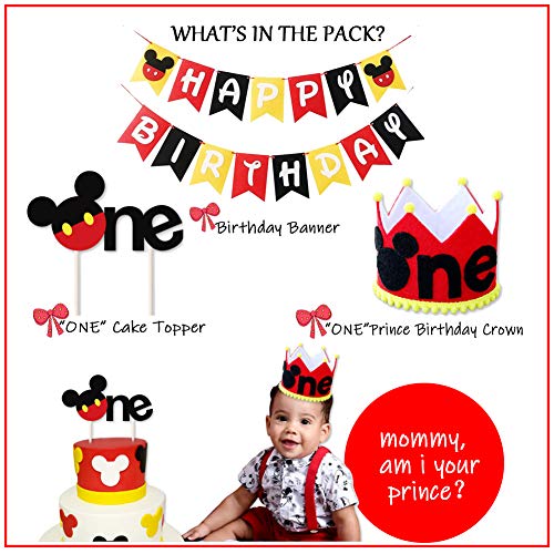 Mickey Mouse Party Supplies - Boys 1st Birthday Party Supplies Pack, Includes a Mickey Themed Birthday Banner, a Hand Made High Chair Banner, a Birthday Cake Topper, 15 Latex Balloons, 5 Confetti Baloons, 6 Tissue Balls, a Hand Made Cronw, a Welcome Sign,