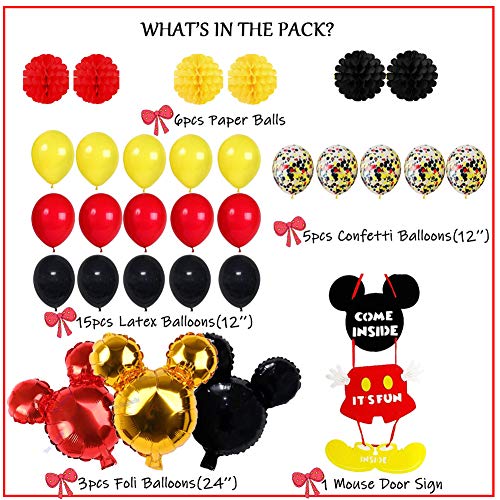 Mickey Mouse Party Supplies - Boys 1st Birthday Party Supplies Pack, Includes a Mickey Themed Birthday Banner, a Hand Made High Chair Banner, a Birthday Cake Topper, 15 Latex Balloons, 5 Confetti Baloons, 6 Tissue Balls, a Hand Made Cronw, a Welcome Sign,