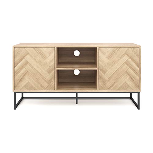 Nathan James Dylan Media Console Cabinet or TV Stand with Doors for Hidden Storage in a Natural Reclaimed Herringbone Wood Pattern and Metal, Oak/Matte Black