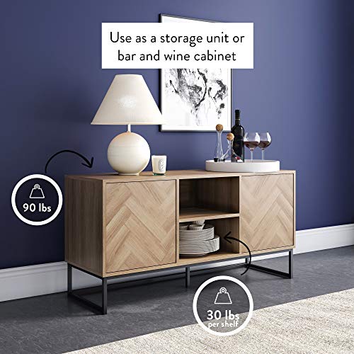 Nathan James Dylan Media Console Cabinet or TV Stand with Doors for Hidden Storage in a Natural Reclaimed Herringbone Wood Pattern and Metal, Oak/Matte Black