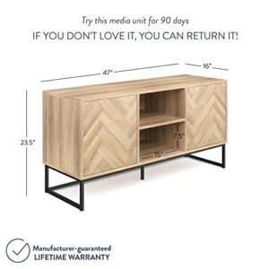 Nathan James Dylan Media Console Cabinet or TV Stand with Doors for Hidden Storage in a Natural Reclaimed Herringbone Wood Pattern and Metal, Oak/Matte Black