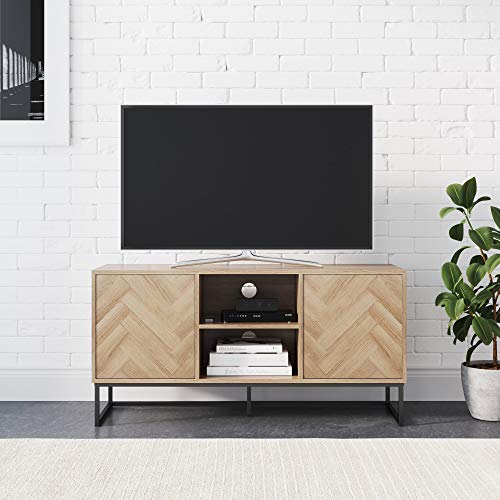 Nathan James Dylan Media Console Cabinet or TV Stand with Doors for Hidden Storage in a Natural Reclaimed Herringbone Wood Pattern and Metal, Oak/Matte Black