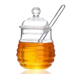 kingbuy honey jar glass honeypot with dipper and lid cover honey containers for home kitchen, 9 ounce, clear