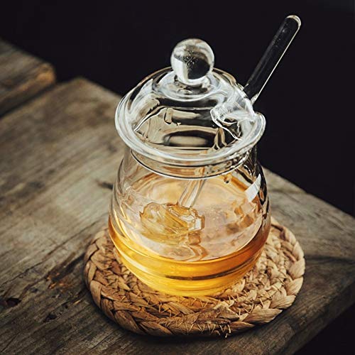 Kingbuy Honey Jar Glass Honeypot with Dipper and Lid Cover Honey Containers for Home Kitchen, 9 Ounce, Clear