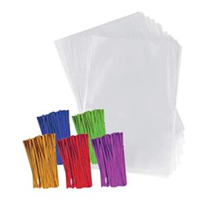 Purple Q Crafts Clear Plastic Cellophane Bags with 4" Colored Twist Ties for Gifts Party Favors (4"x6", 200 Pack)