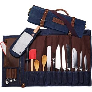 chef knife roll bag | 16oz ultra wax canvas & top grain leather | 22 slots & 4 zipper pouch | double stitch | water-resistant | cleaver pouch | knife organizer for chefs and culinary students