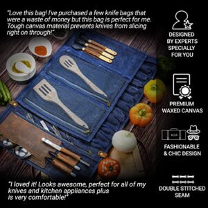 Chef Knife Roll Bag | 16oz ULTRA Wax Canvas & Top Grain Leather | 22 Slots & 4 Zipper Pouch | Double Stitch | Water-Resistant | Cleaver Pouch | Knife Organizer for Chefs and Culinary Students