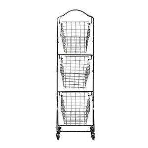 gourmet basics by mikasa rio 3-tier metal floor standing fruit storage basket with removable wheels, 47.75-inch, black