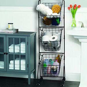 Gourmet Basics by Mikasa Rio 3-Tier Metal Floor Standing Fruit Storage Basket with Removable Wheels, 47.75-Inch, Black