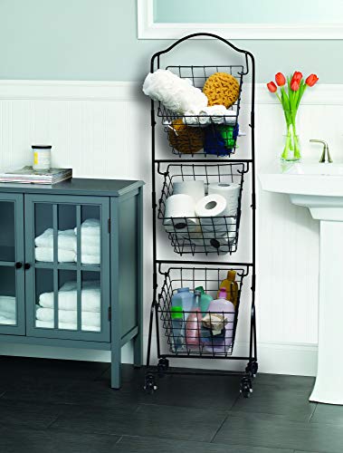 Gourmet Basics by Mikasa Rio 3-Tier Metal Floor Standing Fruit Storage Basket with Removable Wheels, 47.75-Inch, Black