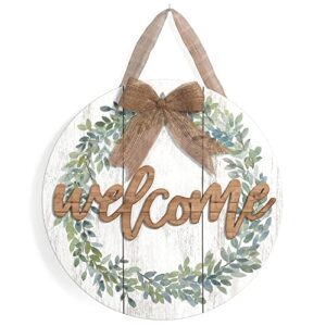 barnyard designs rustic wood hanging welcome sign for front door or covered outdoor porch, farmhouse home decor, white 12” x 12”