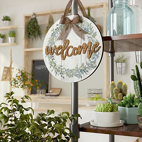 Barnyard Designs Rustic Wood Hanging Welcome Sign for Front Door or Covered Outdoor Porch, Farmhouse Home Decor, White 12” x 12”