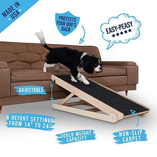 Pawnotch USA Made Adjustable Dog Ramp for All Dogs and Cats - Dog ramp for Couch or Bed with Paw Traction Mat - 40" Long and Adjustable from 14” to 24” - Rated for 200LBS - Dog Ramp for Small Dogs