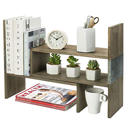 MyGift Rustic Brown Wood Desktop Shelf - Wooden Reclaimed Style and Galvanized Metal Adjustable Desk Bookcase Display Organizer