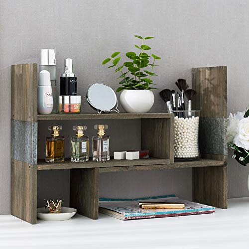 MyGift Rustic Brown Wood Desktop Shelf - Wooden Reclaimed Style and Galvanized Metal Adjustable Desk Bookcase Display Organizer