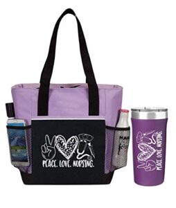 peace, love, nursing. 2-piece gift for nurses. includes insulated tote bag and stainless-steel tumbler. great thank you gift for nurses. rn gift and perfect graduation gift. nurse bag for work.