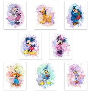 mickey mouse watercolor prints - unframed set of 8 (8 inches x 10 inches) mickey mouse wall art decor - minnie mouse room decor - donald ducks daisy duck goofy pluto decor poster
