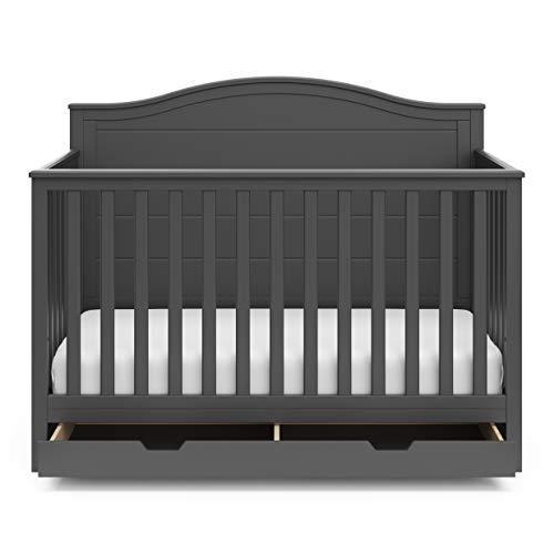 Storkcraft Moss 5-in-1 Convertible Crib with Drawer (Gray) – GREENGUARD Gold Certified, Crib with Drawer Combo, Includes Full-Size Nursery Storage Drawer, Converts to Toddler Bed and Full-Size Bed