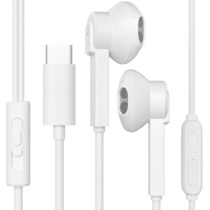 usb type c headphones, usb c earphone earbuds hifi stereo audio with mic & volume control, 1.2m, white