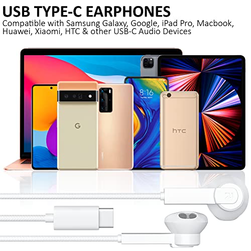 USB Type C Headphones, USB C Earphone Earbuds HiFi Stereo Audio with Mic & Volume Control, 1.2m, White