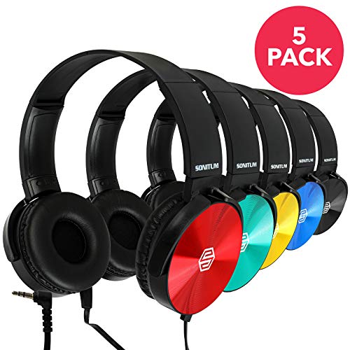 Kids Headphones Bulk 5 Pack, Student On Ear Color Varieties, Comfy Swivel Earphones for Classroom, Library, School, Airplane, for Online Learning and Travel, Noise Stereo Sound 3.5mm Jack (Colorful)