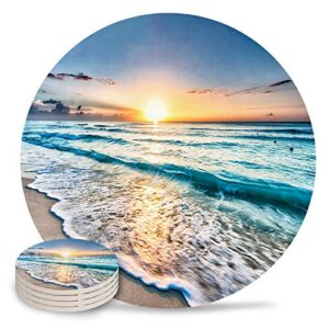 ocean beach drink coasters absorbent natural ceramic stone bar coasters set of 4 - cup mat with cork backing, housewarming gifts for home kitchen decorations tropical sunset beach ocean wave sea water