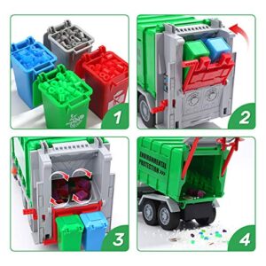 12" Garbage Truck Toys Trash Truck Recycle Truck with Sound and Light, Friction Powered Truck with 4 Garbage Cans, Push and Go Pull Back Car, Environmental Education Toys, Birthday Gift for Boys