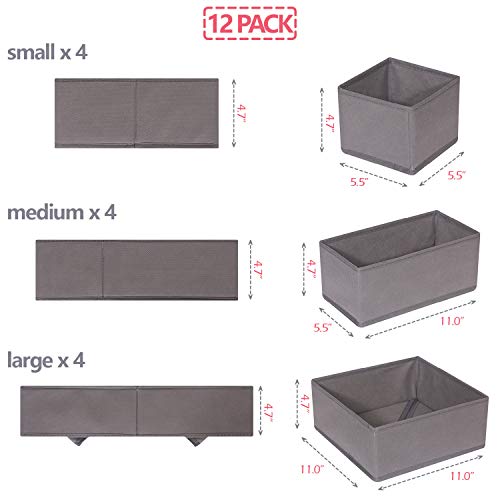 DIOMMELL 12 Pack Foldable Cloth Storage Box Closet Dresser Drawer Organizer Fabric Baskets Bins Containers Divider for Baby Clothes Underwear Bras Socks Lingerie Clothing,M Grey 444