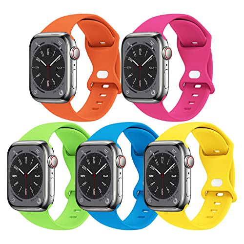 [5 PACK] STG Sport Watch Band Compatible with Apple Watch Band 38mm 40mm 41mm 42mm 44mm 45mm 49mm Soft Silicone Replacement Sport Strap Compatible for iWatch Ultra SE Series 8/7/6/5/4/3/2/1 (38mm/40mm/41mm S/M, 5 PACK A - Orange/Hot Pink/Apple Green/Surf