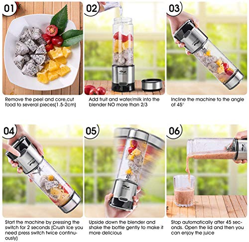 GOLDFOX Portable Blender, USB Rechargeable Personal Blender for Shakes and Smoothies, 15oz Detachable Portable Juicer Cup Small Fruit Juice Mixer for Travel, Gym, Office, etc. (with Brush)