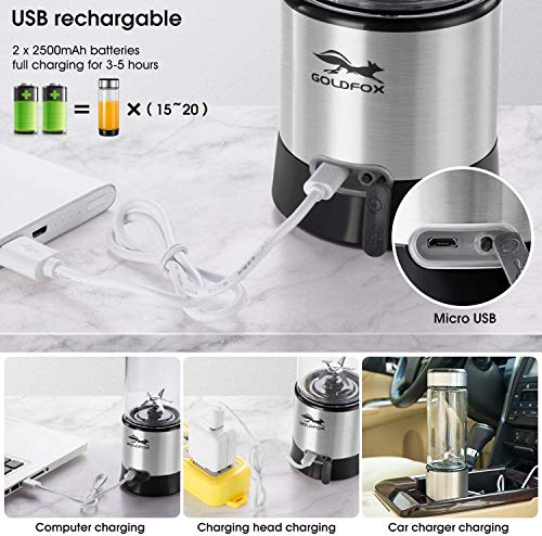 GOLDFOX Portable Blender, USB Rechargeable Personal Blender for Shakes and Smoothies, 15oz Detachable Portable Juicer Cup Small Fruit Juice Mixer for Travel, Gym, Office, etc. (with Brush)