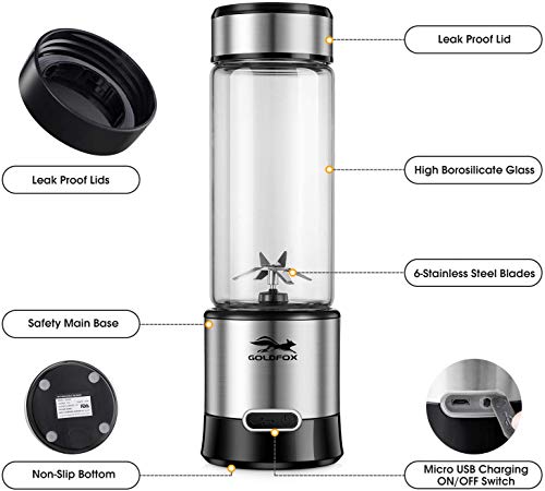 GOLDFOX Portable Blender, USB Rechargeable Personal Blender for Shakes and Smoothies, 15oz Detachable Portable Juicer Cup Small Fruit Juice Mixer for Travel, Gym, Office, etc. (with Brush)