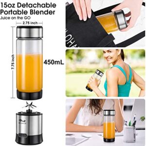 GOLDFOX Portable Blender, USB Rechargeable Personal Blender for Shakes and Smoothies, 15oz Detachable Portable Juicer Cup Small Fruit Juice Mixer for Travel, Gym, Office, etc. (with Brush)