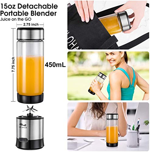 GOLDFOX Portable Blender, USB Rechargeable Personal Blender for Shakes and Smoothies, 15oz Detachable Portable Juicer Cup Small Fruit Juice Mixer for Travel, Gym, Office, etc. (with Brush)